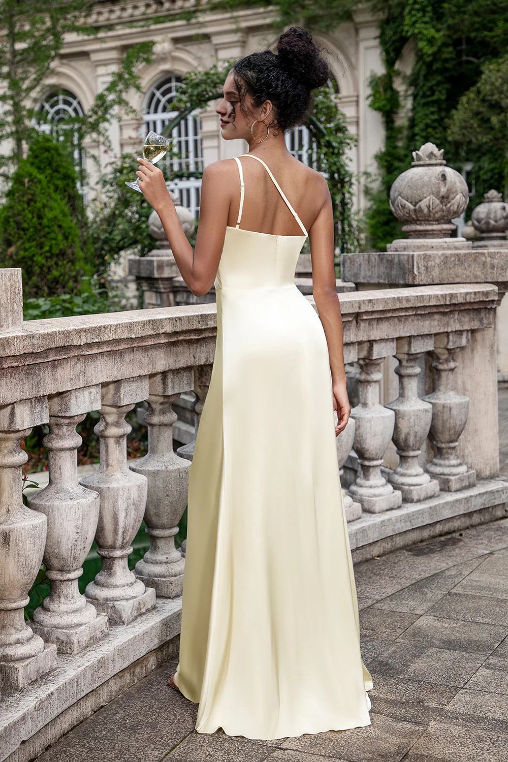 Slim fit one shoulder pleated champagne slit bridesmaid dress