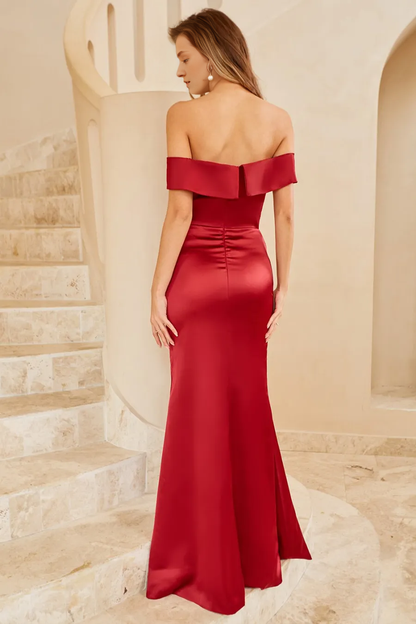 Front slit slim fit wine red off shoulder long bridesmaid dress