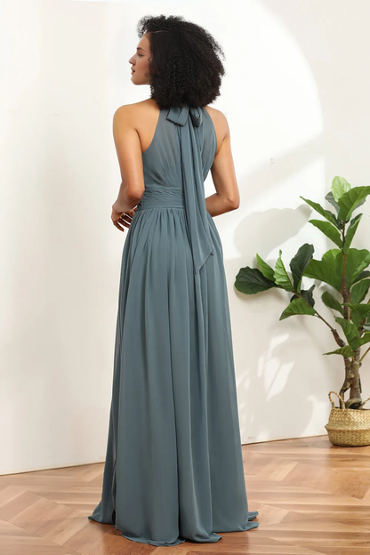 Grey neck hanging pleated long slit chiffon bridesmaid dress