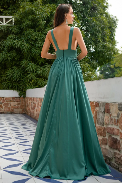 Green deep V-neck backless and floor length bridesmaid dress