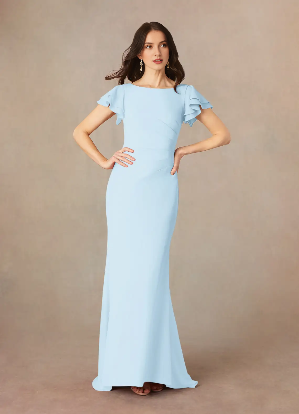 Mermaid spoon pleated elastic crepe and floor length mother of the bride dress