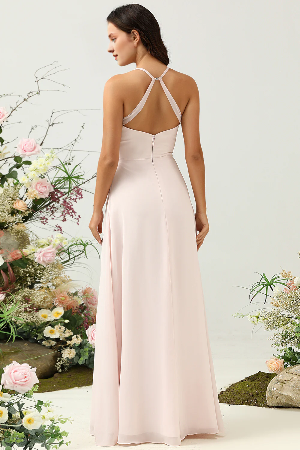 Pink A-line slim shoulder chiffon slit bridesmaid dress