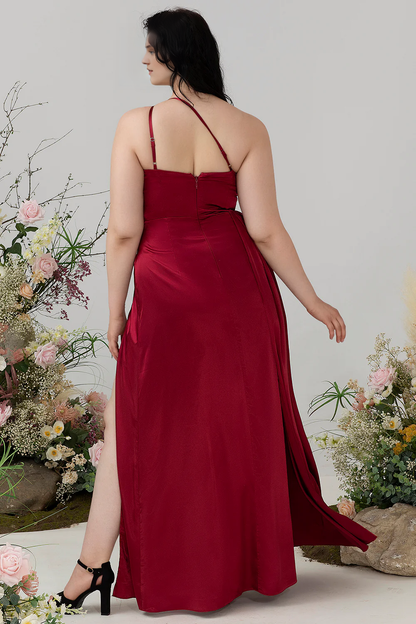 Wine red tight thin shoulder strap shiny satin plus slit bridesmaid dress