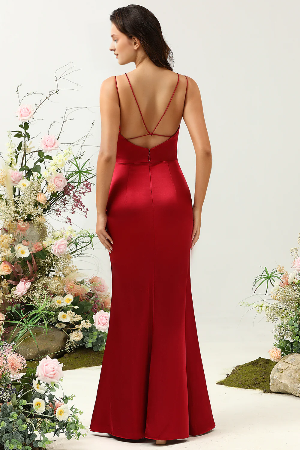 Tail tail thin shoulder strap backless wine red satin long bridesmaid dress