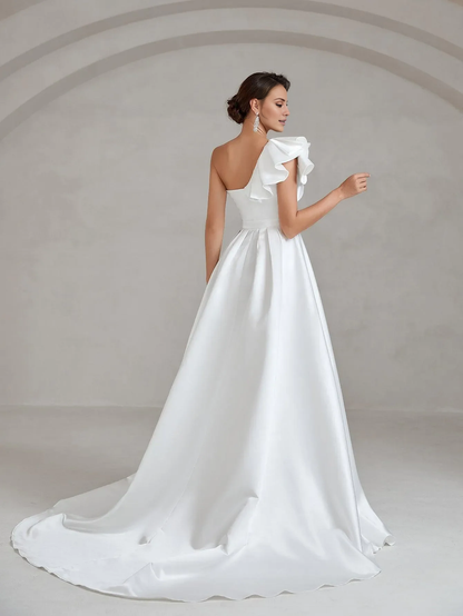 One shoulder satin side slit with ruffle edge and floor length wedding dress