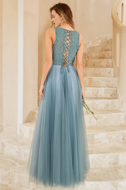 Grey blue lace chiffon sleeveless and floor length back strap bridesmaid dress