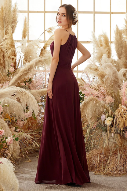 Elegant wine red chiffon neck hanging bridesmaid dress