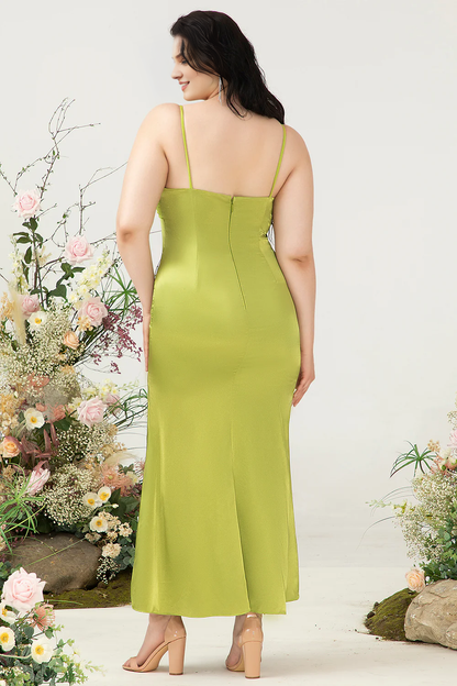 Lemon green mermaid three-dimensional cut bust satin plus size wedding guests with slit