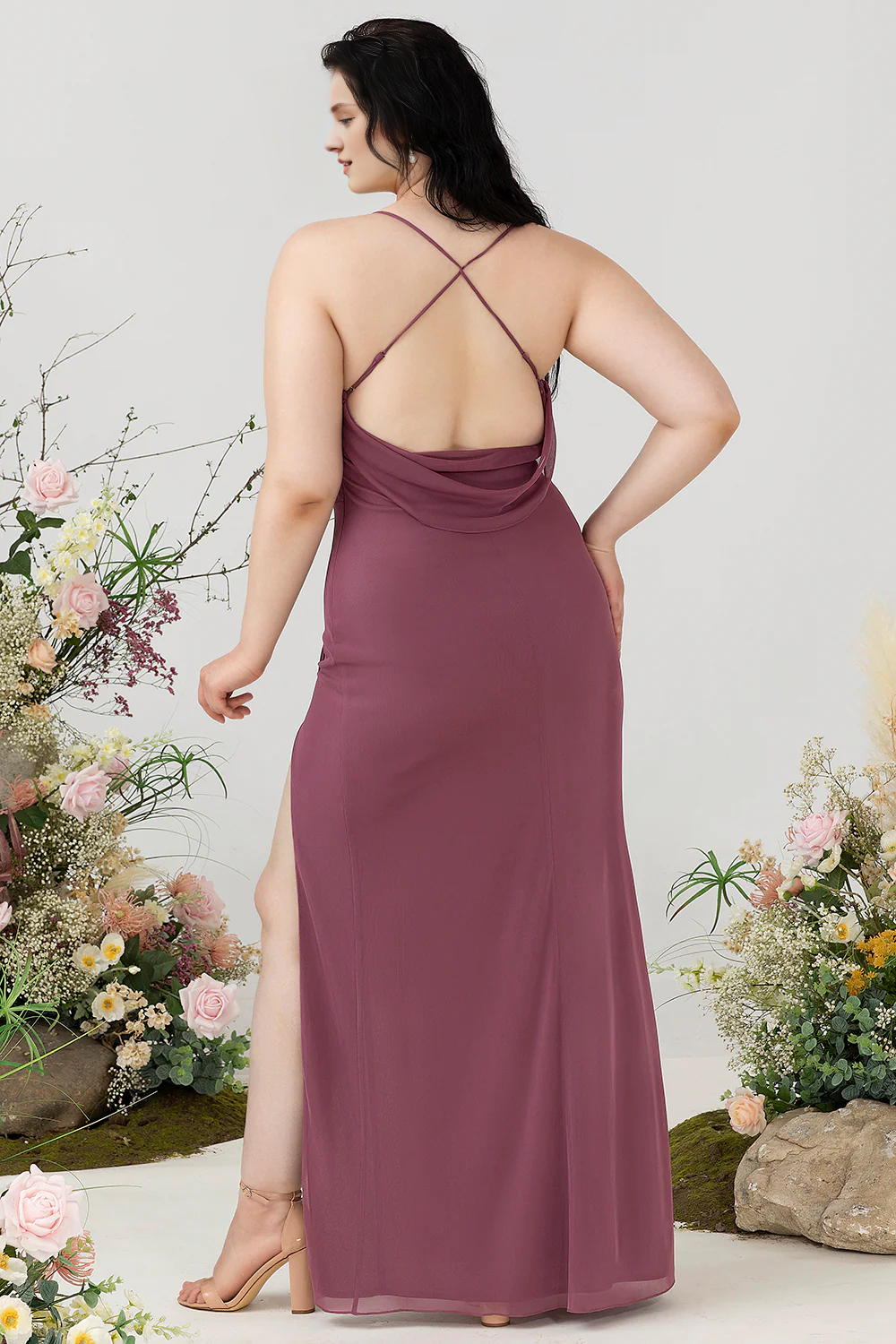 Desert Rose Thin Shoulder Strap Pendant Chiffon Large Split Bridesmaid Dress