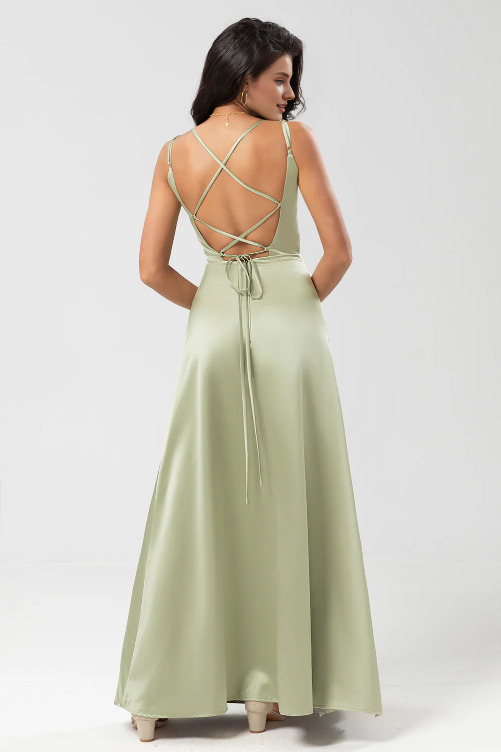 Dusty Sage A-line thin shoulder strap and floor length slit satin bridesmaid dress