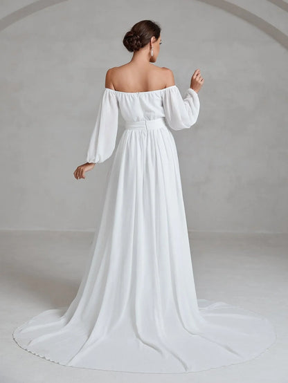 Off shoulder lantern sleeve chiffon side slit and floor length wedding dress