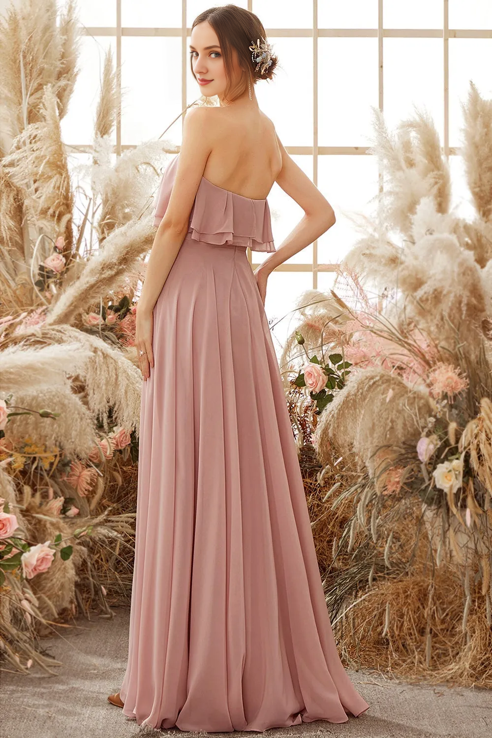 Elegant strapless chiffon backless and floor length bridesmaid dress