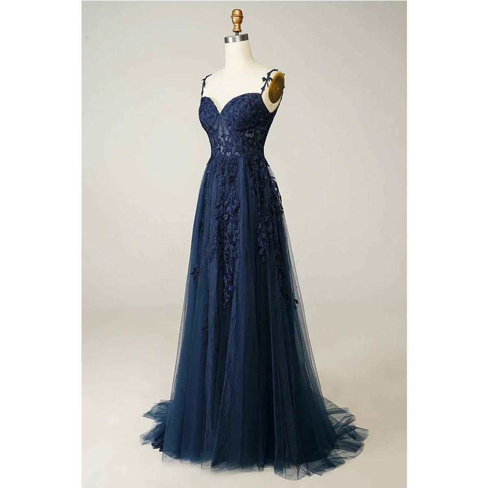 A Line Thin Shoulder Strap Open Back Navy Blue Applique Prom Dress