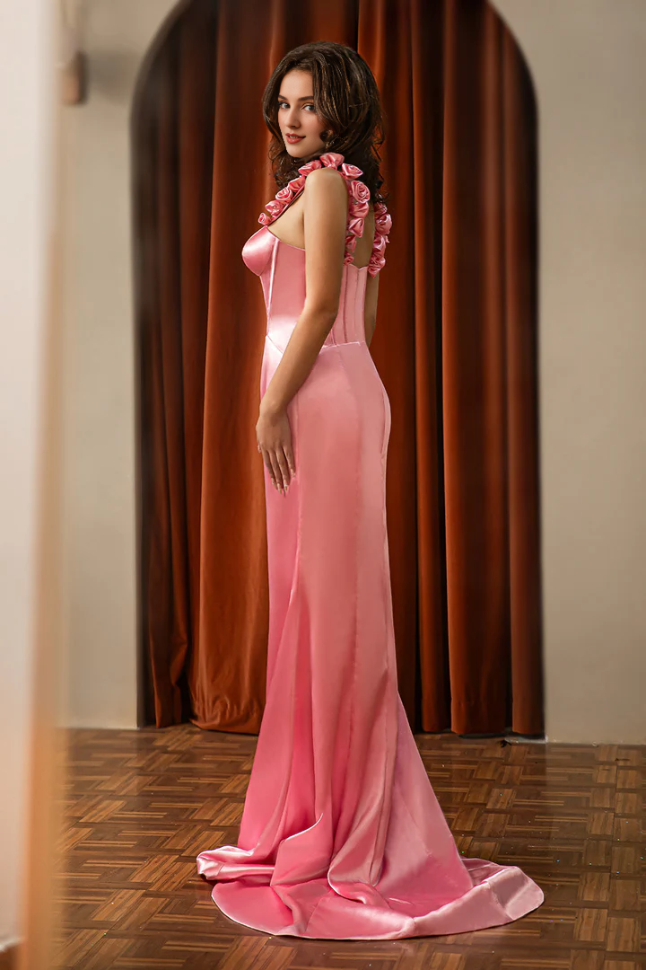 Flower shoulder strap satin slim fit backless Prom dress