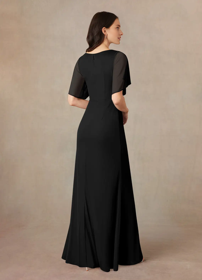 A-line V-neck pleated mesh and floor length mother of the bride dress