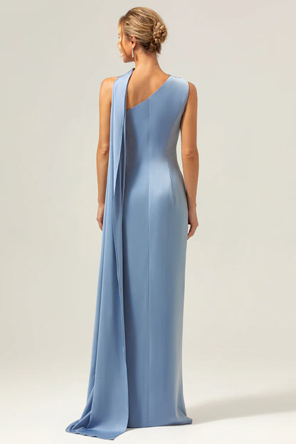 Grey blue tight one shoulder satin long bridesmaid dress