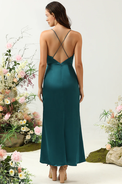 A-line thin shoulder strap dark green shiny satin backless bridesmaid dress