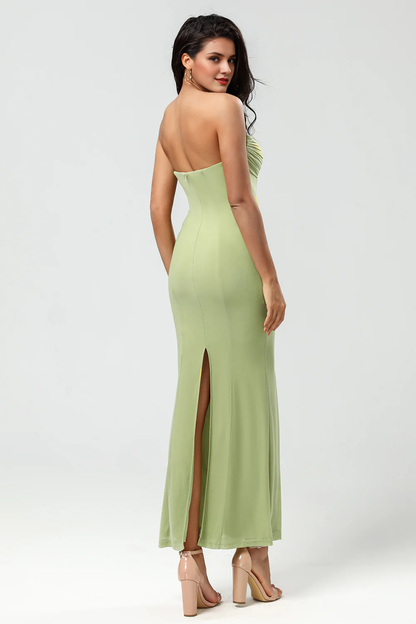 Lemon green mermaid strapless and floor slit bridesmaid dress