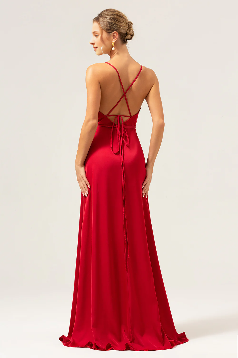 Wine red A-line collar slit long satin bridesmaid dress