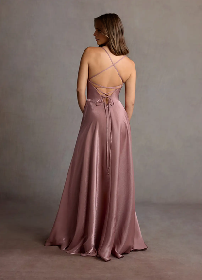 V-neck backless thin shoulder straps and floor length evening gowns