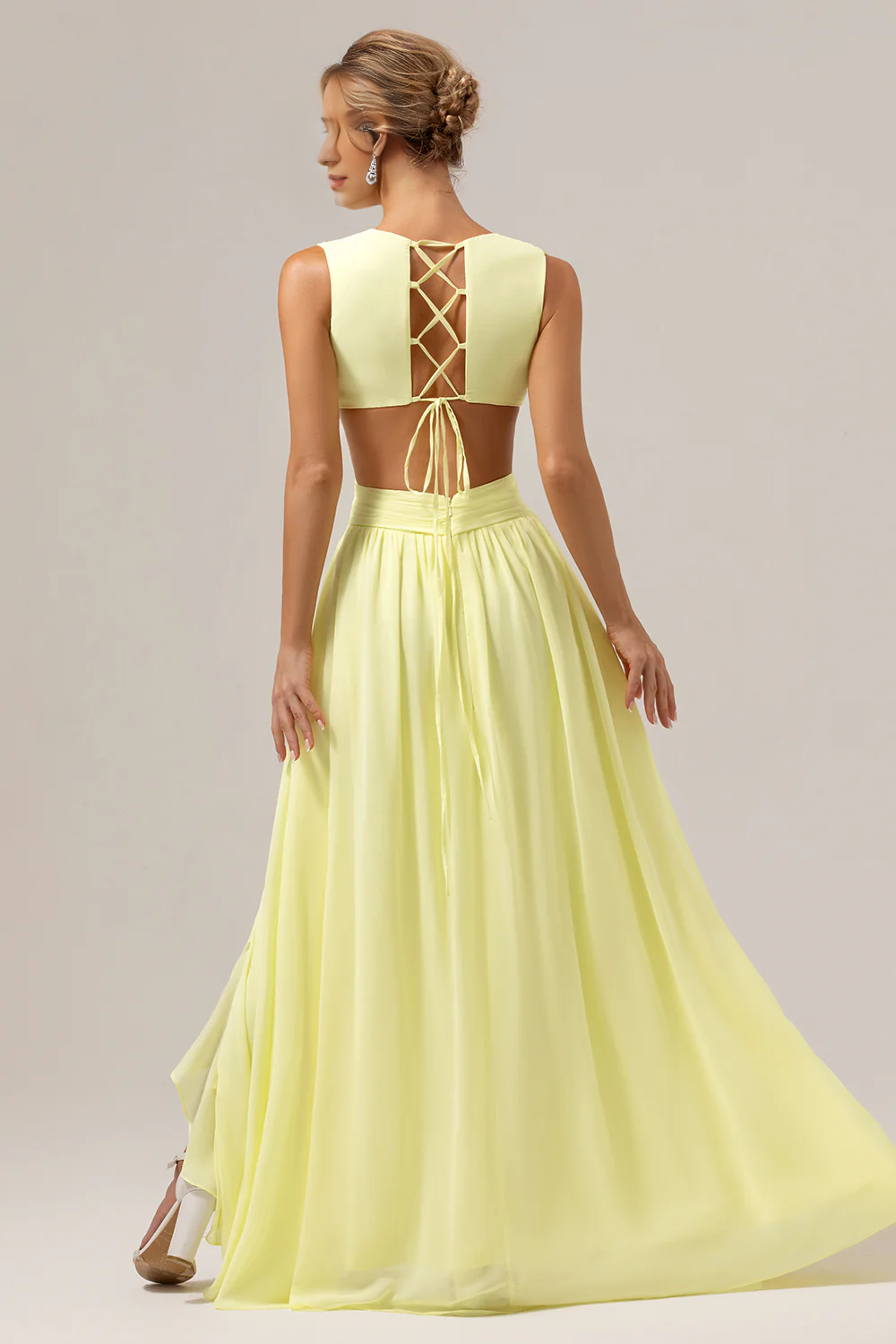 Lemon yellow A-line V-neck hollow out ruffle edge pleated long bridesmaid dress with slits