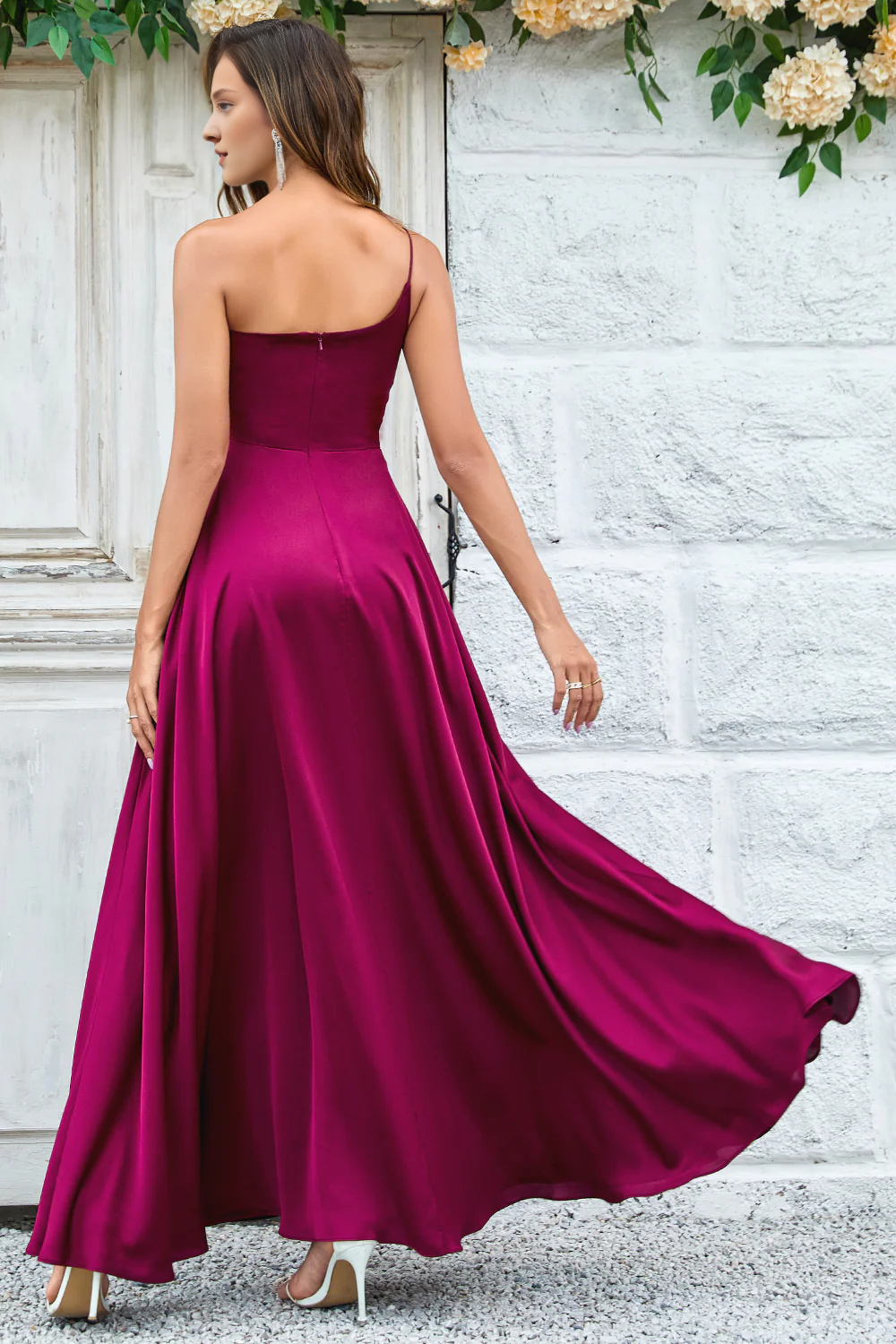 Wine red A-line shoulder to floor length satin bridesmaid dress