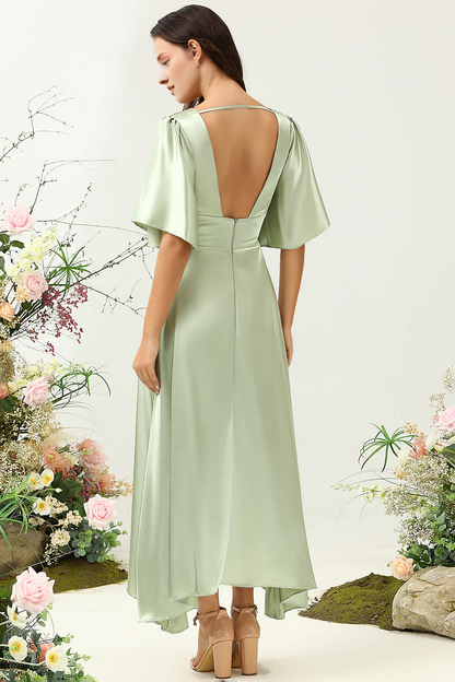 Dusty Sage A-line deep V-neck half sleeved bridesmaid dress