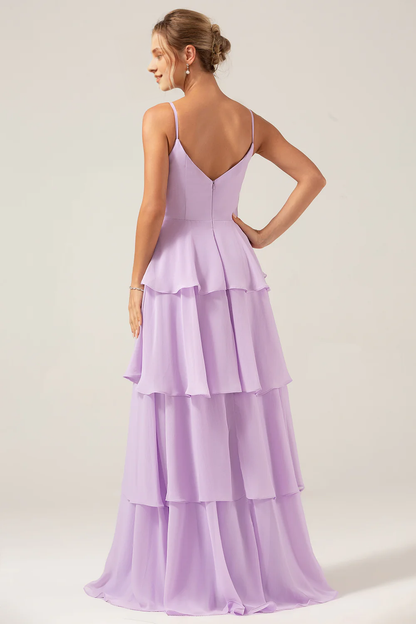 A-line thin shoulder strap layered and floor length slit light purple bridesmaid dress