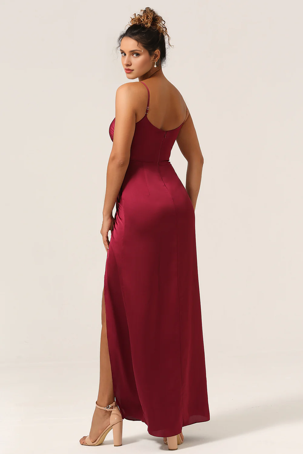 Tight fitting thin shoulder strap wine red front slit long bridesmaid dress