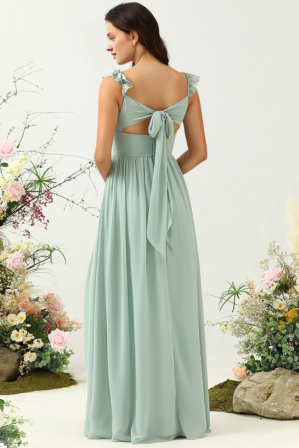 Dusty Sage A-line thin shoulder strap ruffled chiffon bridesmaid dress