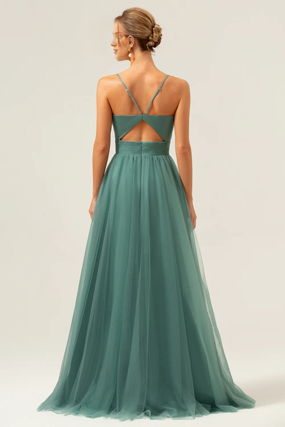 Eucalyptus A-line thin shoulder strap pleated decoration and ground length bridesmaid dress