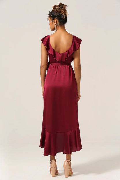 Wine red ruffled asymmetrical V-neck long bridesmaid dress