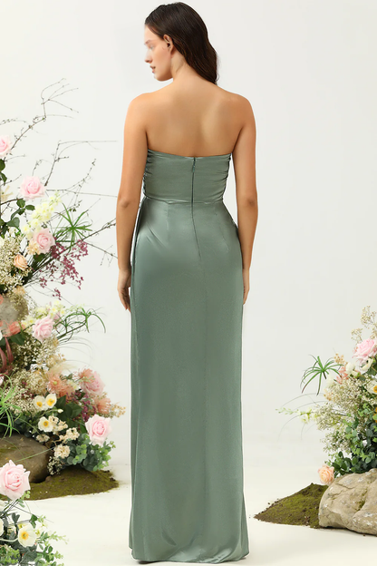 Eucalyptus A-line strapless pleated satin slit bridesmaid dress