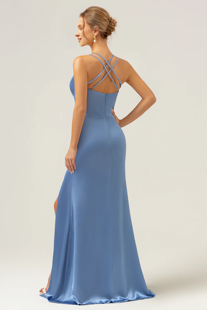 Fish tail thin shoulder strap long slit satin blue bridesmaid dress