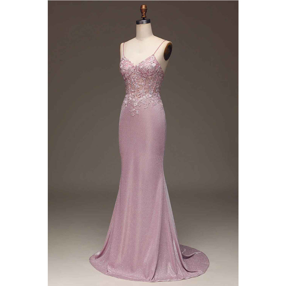 Sparkling pink powder blusher mermaid thin shoulder belt beaded long prom dress
