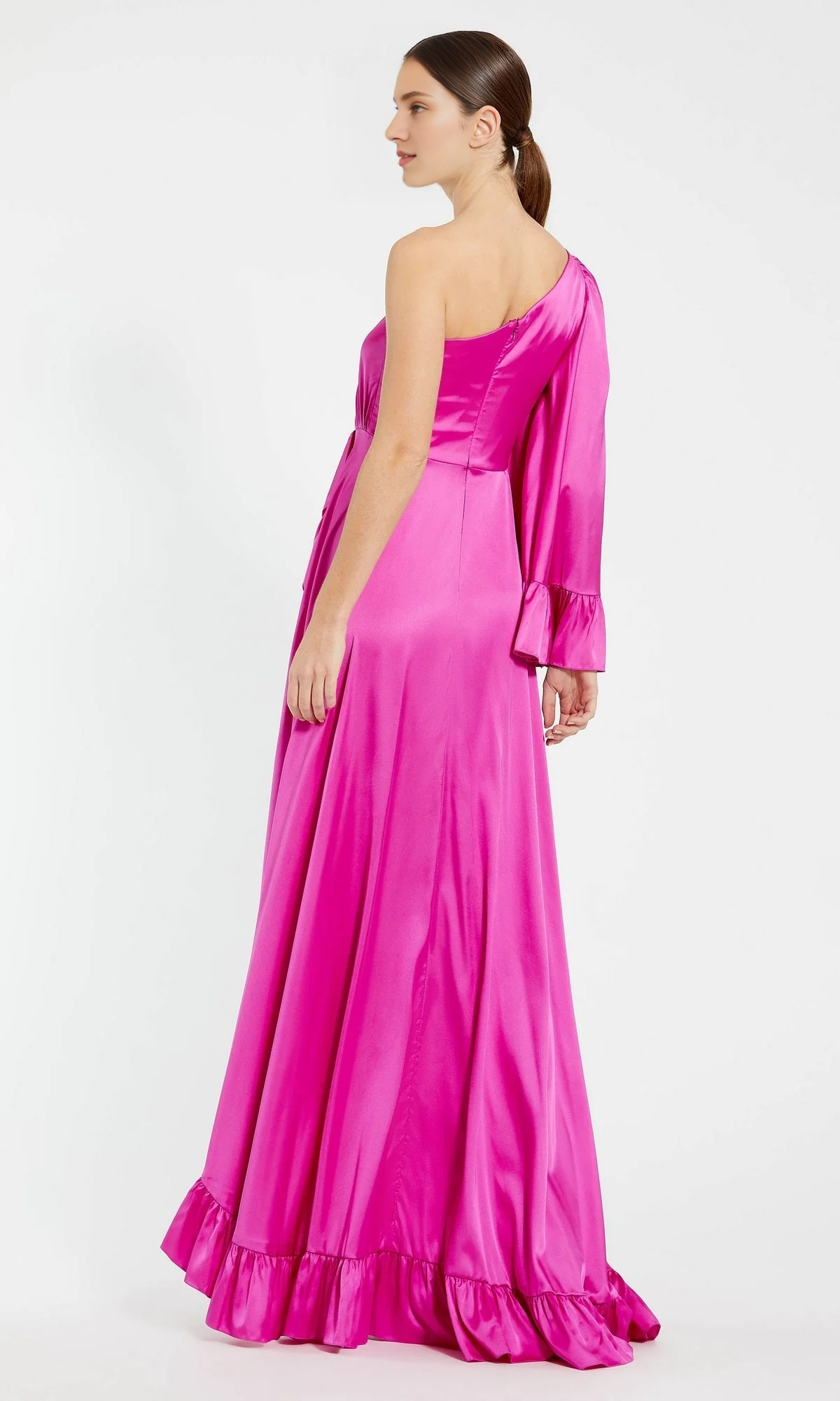 Single shoulder off shoulder and floor length ruffle hem Prom dress