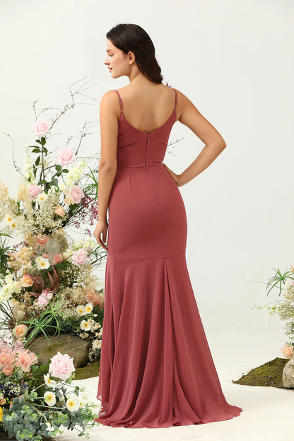 Desert Rose Mermaid Thin Shoulder Strap Asymmetric Chiffon Bridesmaid Dress