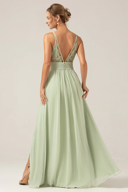 Dusty Sage A-line slim shoulder pleated chiffon bridesmaid dress