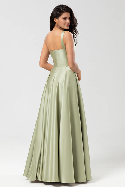 Dusty Sage A-line shoulder pleated satin bridesmaid dress