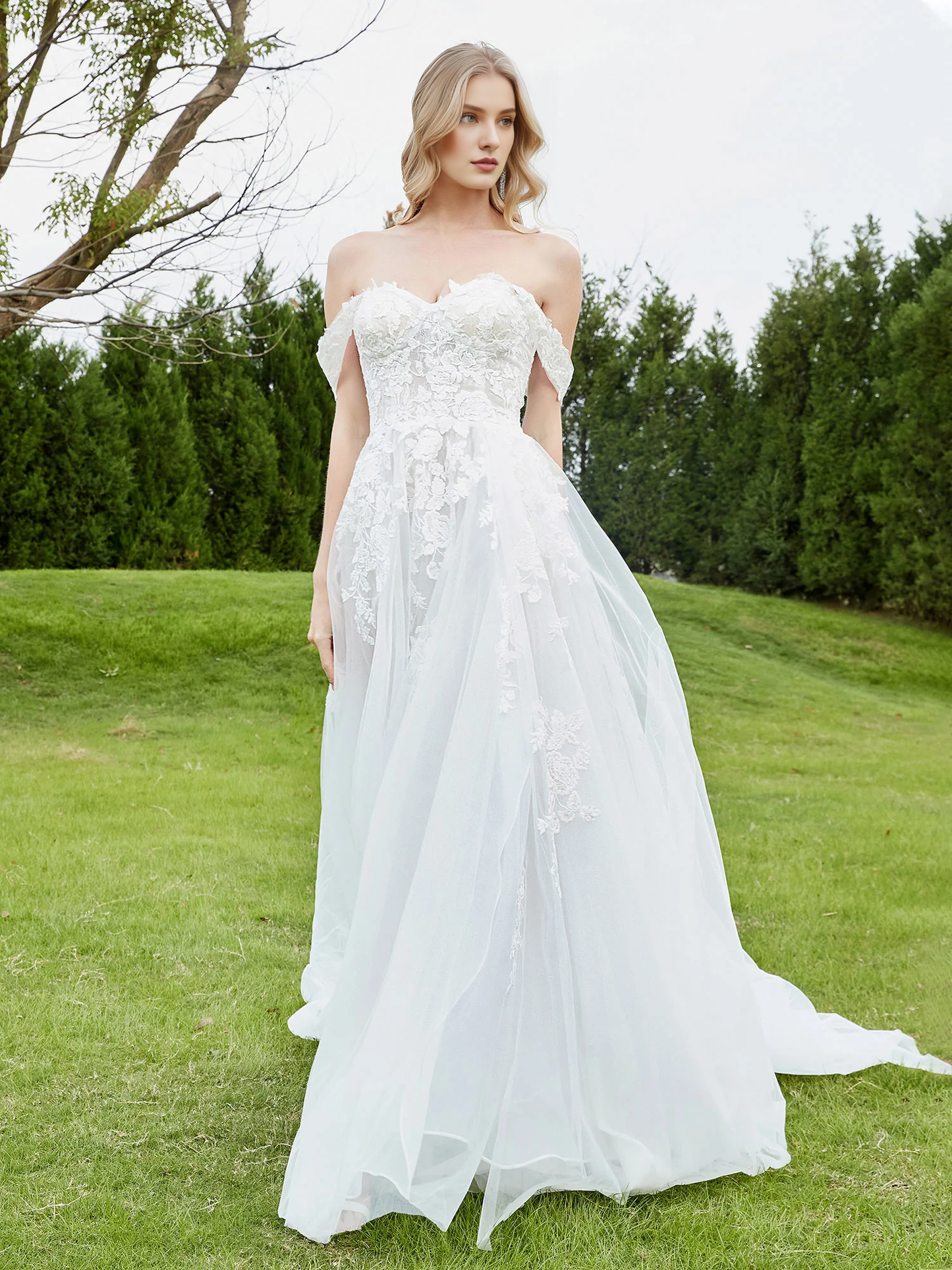 Embroidered off shoulder A-line wedding dress