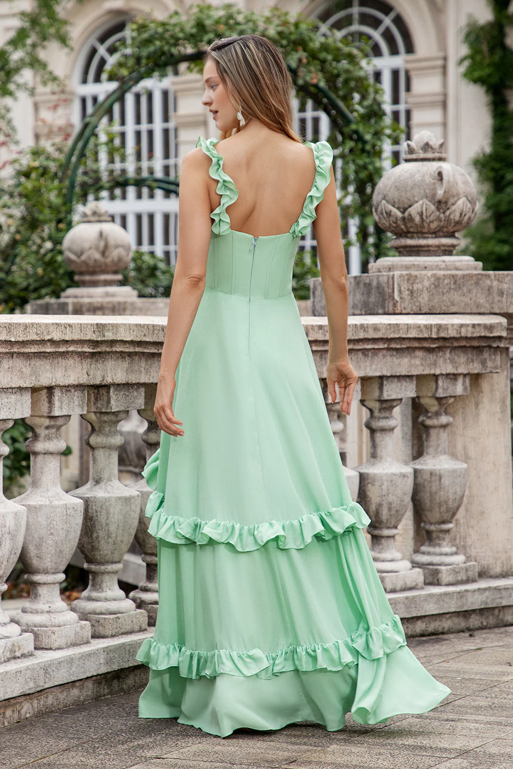 Green A-line ruffled sleeve tight corset chiffon long bridesmaid dress