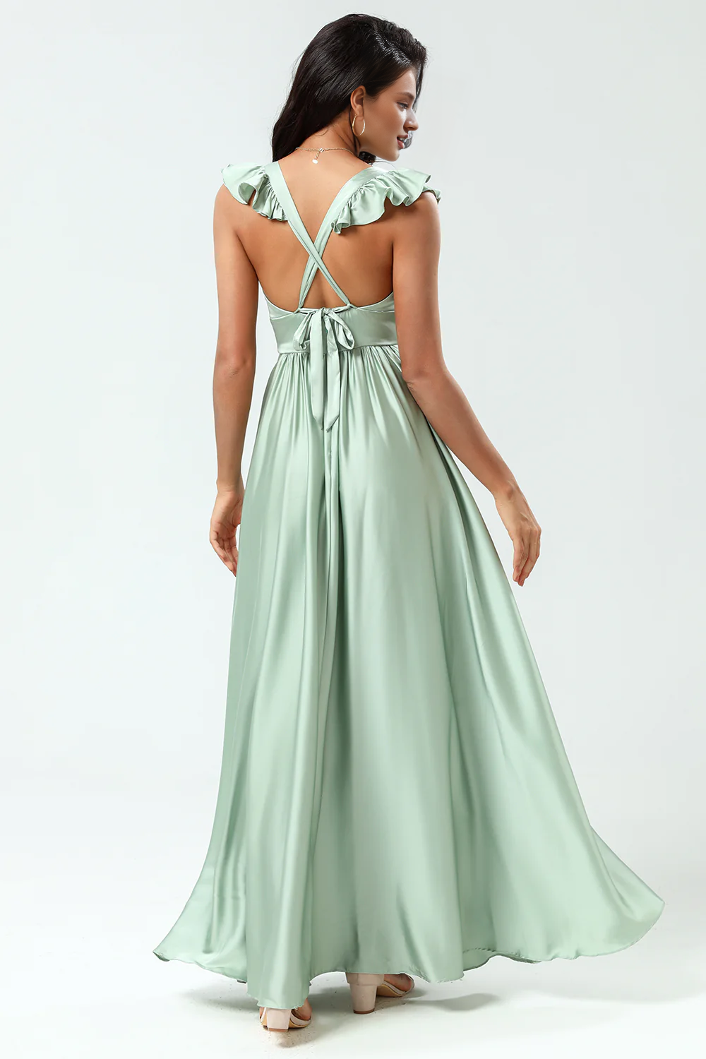 Backless deep V-neck A-line ruffled green split bridesmaid dress