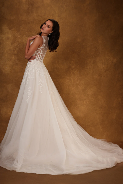 Embroidered applique long sleeveless V-neck sheer wedding dress