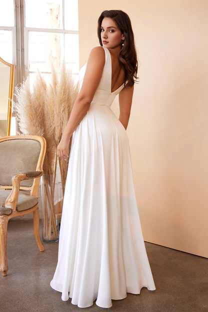 Off white long sleeveless satin V-neck dress