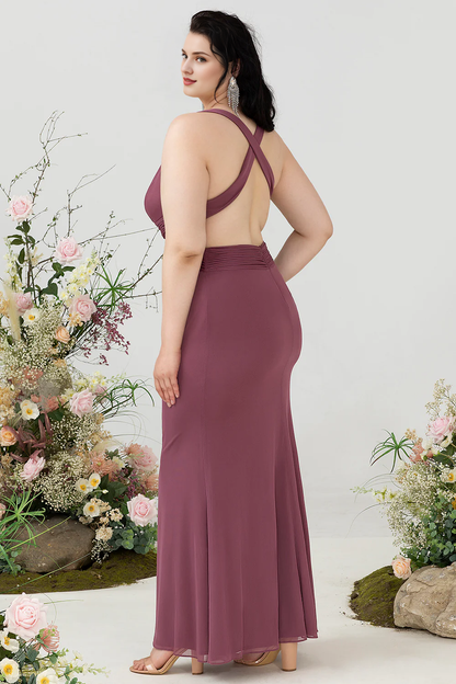 Desert Rose V-neck hollowed out oversized chiffon bridesmaid dress