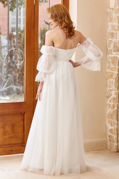 White chiffon off shoulder and floor length wedding dress