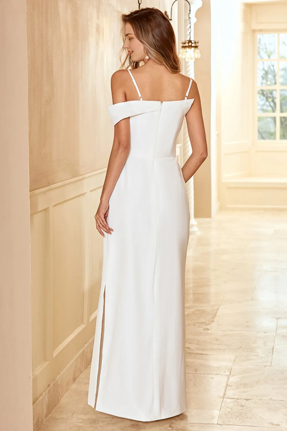 Tight fitting thin shoulder strap white long bridesmaid dress