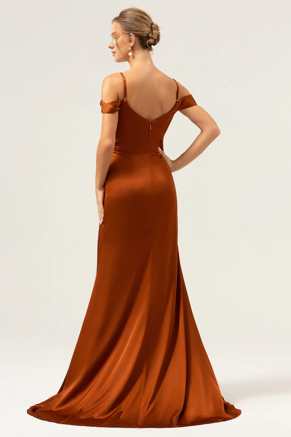 Coffee colored fishtail shaped shoulder baring pleated tight corset long slit satin bridesmaid dress