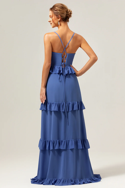 Deep blue A-line thin shoulder strap layered long bridesmaid dress