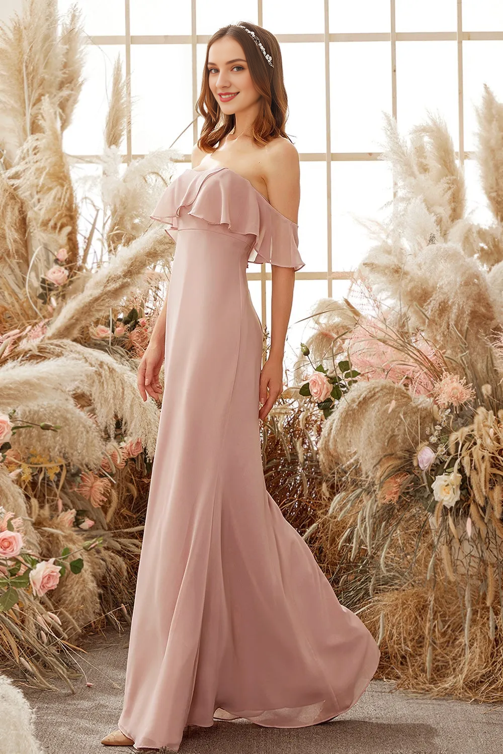 Elegant off shoulder chiffon strapless bridesmaid dress